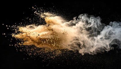 Abstract image of an explosion of beige and white powder against a black backdrop
