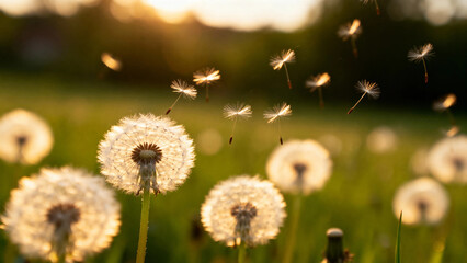 Obraz premium Dandelion seeds dispersing in a field at sunset