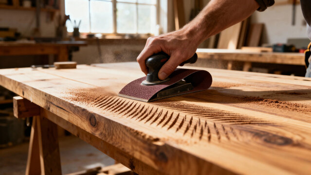 A person sanding a wooden plank with an electric sander in a workshop setting.