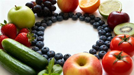 Fresh fruits and vegetables arranged in a circular pattern with blueberries forming a ring