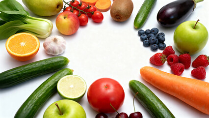 Assorted fresh fruits and vegetables arranged in a circular pattern on a white background