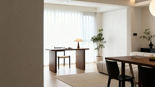 Modern minimalist living and workspace with wooden furniture, large windows, and indoor plants