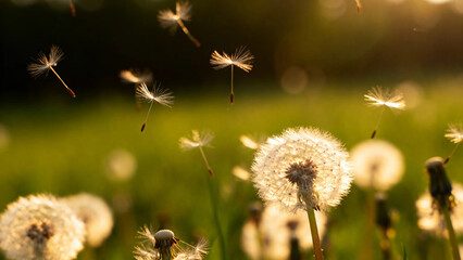 Dandelion seeds dispersing in a sunlit field