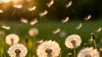 Dandelion seeds floating in the air during golden hour with soft sunlight and blurred green background