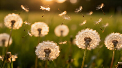 Dandelion seeds dispersing in a field during golden hour