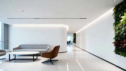 Modern minimalist lobby with white walls, sleek furniture, and a living green wall