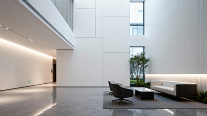 Modern minimalist interior with white walls, sleek furniture, and natural light in a spacious lobby area