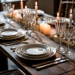 La elegancia de la cena: Una mesa r&uacute;stica y elegante puesta con vajilla fina y velas para una celebraci&oacute;n