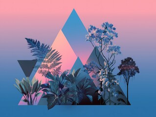 Vibrant botanical collage meets modern geometric triangles, creating an ethereal, dreamlike digital art scene.