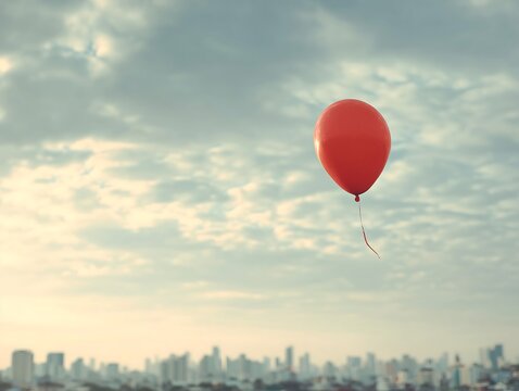 Vibrant red balloon drifts serenely against a cloudy sky over a distant city skyline