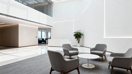 Modern minimalist lobby with gray armchairs, white coffee table, and indoor plant in a bright, open space