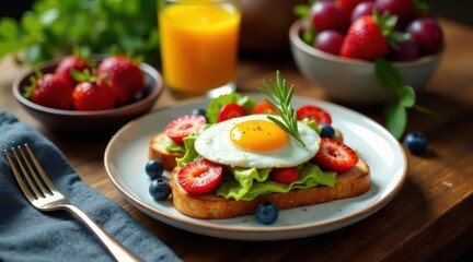 A Delicious and Nutritious Open-Faced Sandwich with a Fried Egg, Avocado, and Fresh Berries