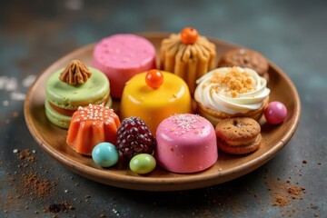 A Colorful Assortment of Delicious Miniature Pastries and Confections on a Wooden Platter