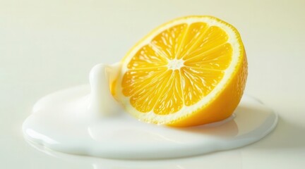 A vibrant lemon wedge rests gently on a creamy, white liquid, creating a visually appealing contrast of colors and textures.