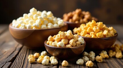 Delicious Variety of Savory and Sweet Puffed Snacks in Wooden Bowls on Rustic Table