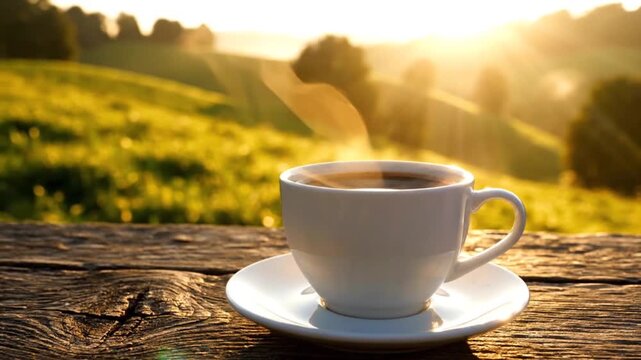 A steaming cup of coffee sits on a wooden bench, bathed in the warm glow of the morning sun, with a lush green landscape in the background - Powered by Adobe