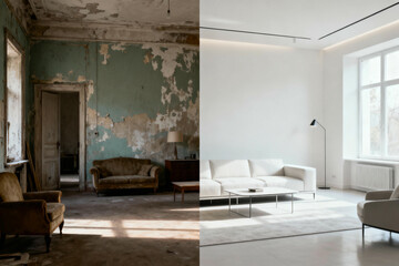 A room before and after renovation, old versus modern design, and comparison of interior space transformation.