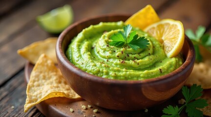 Delicious Creamy Avocado Dip with Crispy Tortilla Chips and Lemon Garnish in Wooden Bowl