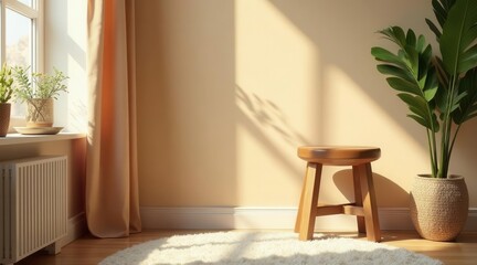Sunlit Interior Scene with Wooden Stool and Potted Plant