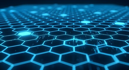 Abstract hexagonal grid design in blue tones, conveying modern technology and digital innovation.