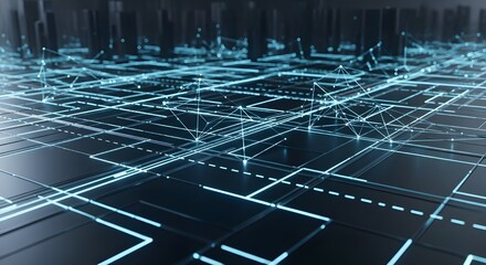 Abstract hexagonal grid design in blue tones, conveying modern technology and digital innovation.