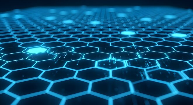 Abstract hexagonal grid design in blue tones, conveying modern technology and digital innovation.