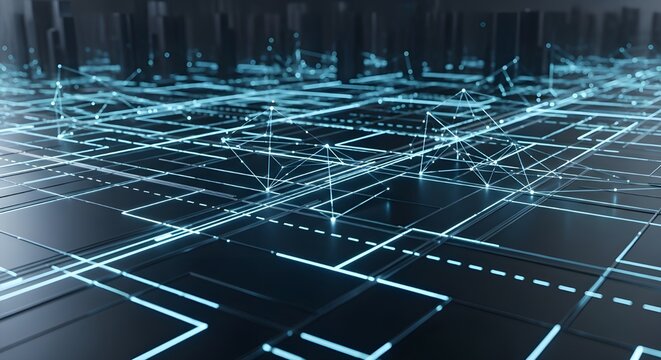 Abstract hexagonal grid design in blue tones, conveying modern technology and digital innovation.