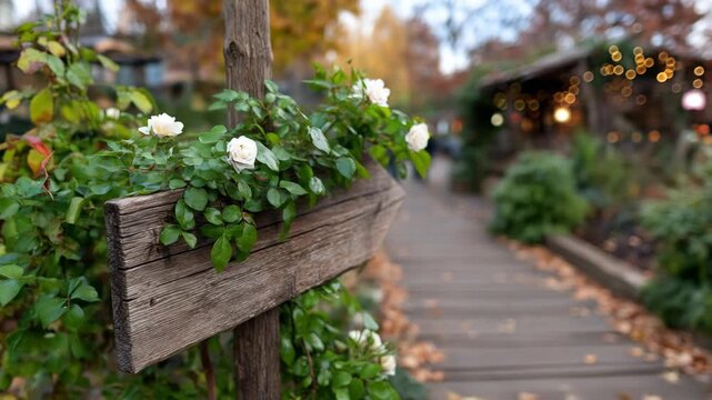Rustic wooden arrow sign with white roses along garden pathway