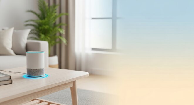 Modern living room showcasing a smart speaker with a calming atmosphere