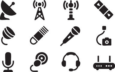 Fototapeta premium Communication and media icons set, including antenna, microphone