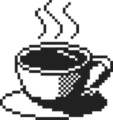 Fototapeta premium Pixel art steaming cup of coffee on saucer retro black and white illustration with hot drink, vintage digital