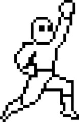 Pixelated superhero figure in action pose, retro 8 bit minimalist black and white digital sprite character design