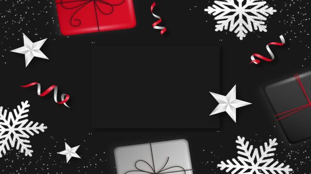 Black friday background with snowflakes, gift boxes, black space for text, and confetti. Perfect for ads promotion