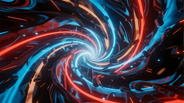 Abstract swirling vortex of red and blue neon light patterns in a dynamic, futuristic tunnel