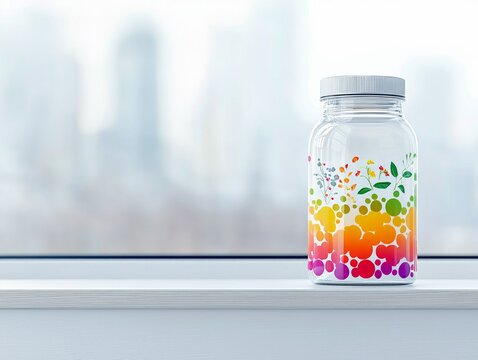 A clear glass jar with a decorative pattern of colorful bubbles and floral elements sits on a white windowsill, with a blurred urban landscape visible through t