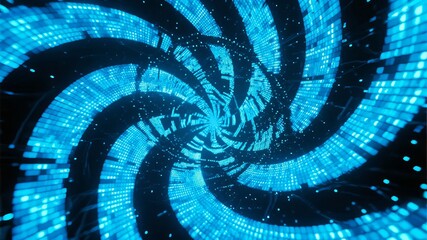 Blue digital spiral tunnel with glowing pixel patterns and star-like dots