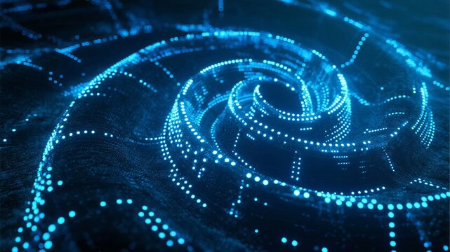 Abstract digital spiral composed of glowing blue dots forming a futuristic pattern