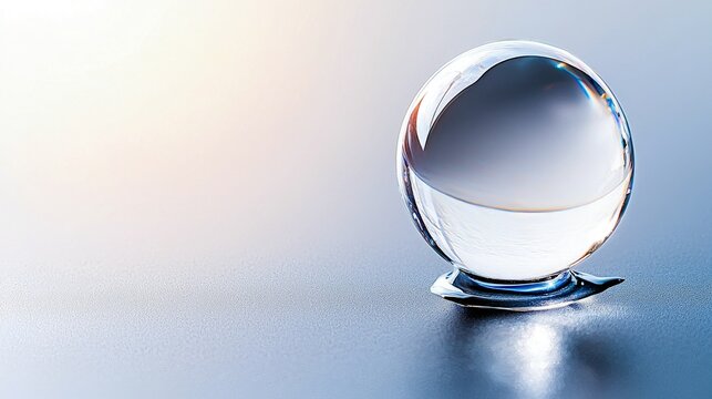 A clear glass sphere sits on a dark, reflective surface, illuminated by soft light from the left.