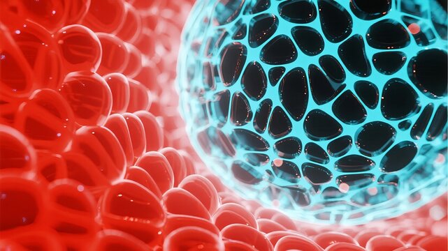 Microscopic view of red blood cells and a virus-like structure in a biological environment