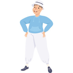 Pixel Art of a Person Wearing a Blue Hoodie White Bucket Hat and White Pants with a Transparent Background