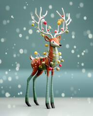 A whimsical and festive reindeer adorned with ornaments and string lights, set against a blurred background of falling snow.