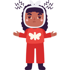 Pixel art of an angry child wearing a red outfit and a bunny headband isolated on a transparent background expressing frustration with hands outstretched and zigzag lines above head