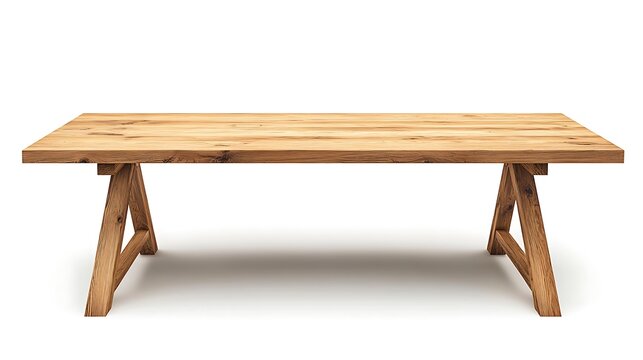 Elegant wooden trestle table with beautiful grain is displayed against a clean white background