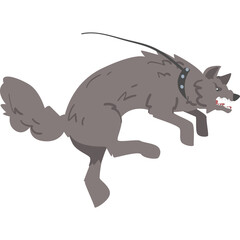 Pixel art of a grey wolf mid-leap with an angry expression wearing a studded collar and leash against a white background