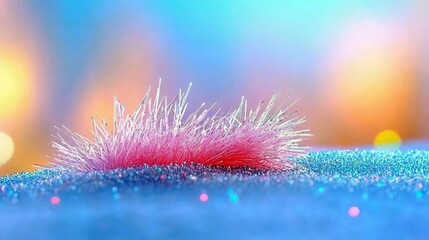 A macro shot of a delicate, fluffy pink and silver object resting on a bed of blue glitter, with a soft, blurred background of warm colors.