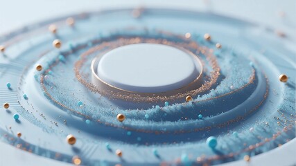 Abstract circular pattern with concentric rings and scattered golden and blue particles on a textured surface