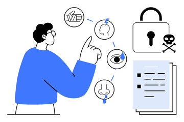 Male figure points to sensory icons brain, eye, nose and data risks, lock symbol, and documents. Ideal for privacy, security, data protection, cybersecurity risk awareness GDPR hacking prevention