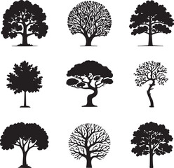 Diverse tree silhouettes vector set for nature and forest designs