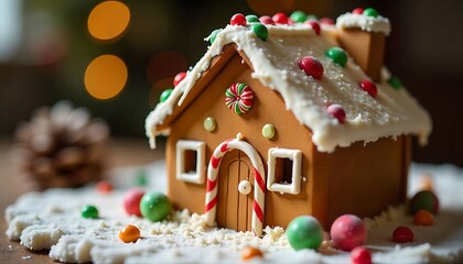 Christmas Gingerbread House with Window Xmas Lights over shining Garland, created with generative ai