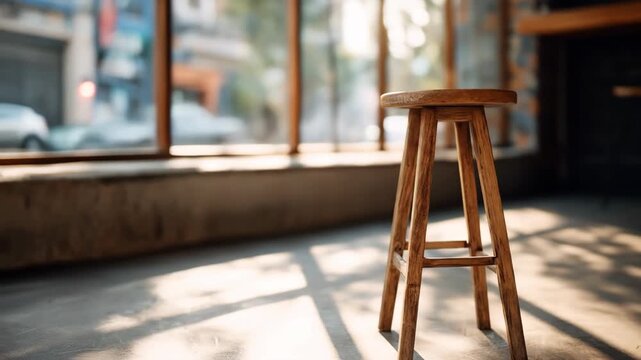Wooden stool bathed in sunlight by large window